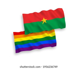 National vector fabric wave flags of Burkina Faso and Rainbow gay pride isolated on white background. 1 to 2 proportion.