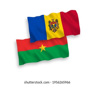 National vector fabric wave flags of Burkina Faso and Moldova isolated on white background. 1 to 2 proportion.