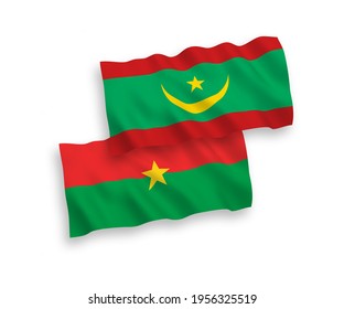 National vector fabric wave flags of Burkina Faso and Islamic Republic of Mauritania isolated on white background. 1 to 2 proportion.