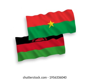 National vector fabric wave flags of Burkina Faso and Malawi isolated on white background. 1 to 2 proportion.