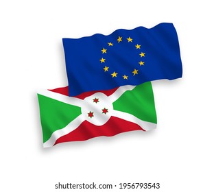 Nationale Vektorgrafik-Wellen-Flaggen der Europäischen Union und Burundis einzeln auf weißem Hintergrund. 1 bis 2 %.