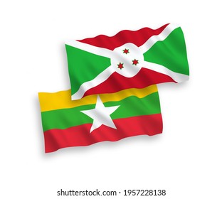 Banderas de ondulación de tela vectorial nacional de Burundi y Myanmar aisladas en fondo blanco. de 1 a 2.