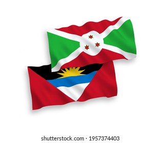 National vector fabric wave flags of Burundi and Antigua and Barbuda isolated on white background. 1 to 2 proportion.
