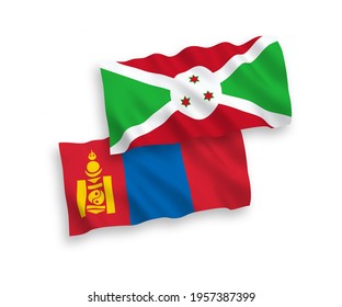 National vector fabric wave flags of Burundi and Mongolia isolated on white background. 1 to 2 proportion.