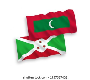 National vector fabric wave flags of Burundi and Maldives isolated on white background. 1 to 2 proportion.