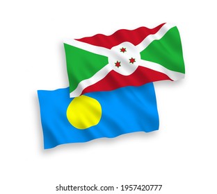 National vector fabric wave flags of Burundi and Palau isolated on white background. 1 to 2 proportion.