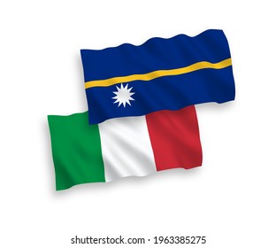 National vector fabric wave flags of Italy and Republic of Nauru isolated on white background. 1 to 2 proportion.