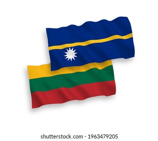 National vector fabric wave flags of Lithuania and Republic of Nauru isolated on white background. 1 to 2 proportion.