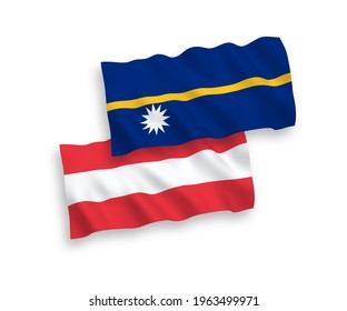 National vector fabric wave flags of Austria and Republic of Nauru isolated on white background. 1 to 2 proportion.