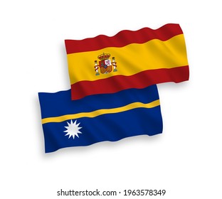 National vector fabric wave flags of Republic of Nauru and Spain isolated on white background. 1 to 2 proportion.