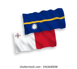 National vector fabric wave flags of Malta and Republic of Nauru isolated on white background. 1 to 2 proportion.