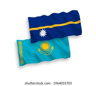 National vector fabric wave flags of Kazakhstan and Republic of Nauru isolated on white background. 1 to 2 proportion.