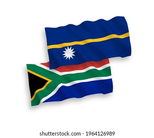 National vector fabric wave flags of Republic of Nauru and Republic of South Africa isolated on white background. 1 to 2 proportion.