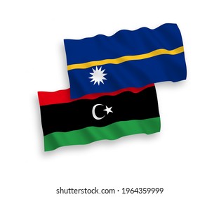 National vector fabric wave flags of Republic of Nauru and Libya isolated on white background. 1 to 2 proportion.