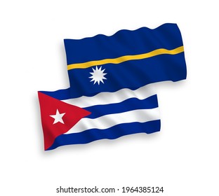 National vector fabric wave flags of Republic of Nauru and Cuba isolated on white background. 1 to 2 proportion.