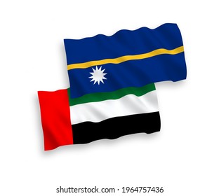 Banderas de olas de tela vectorial nacional de la República de Nauru y los Emiratos Árabes Unidos aisladas en fondo blanco. de 1 a 2.