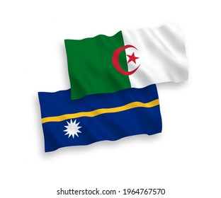 National vector fabric wave flags of Republic of Nauru and Algeria isolated on white background. 1 to 2 proportion.