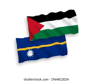 National vector fabric wave flags of Republic of Nauru and Palestine isolated on white background. 1 to 2 proportion.