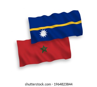 National vector fabric wave flags of Republic of Nauru and Morocco isolated on white background. 1 to 2 proportion.