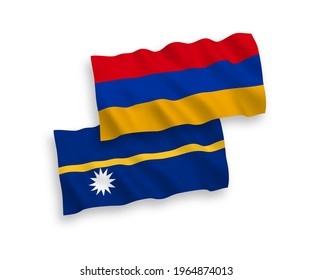 National vector fabric wave flags of Republic of Nauru and Armenia isolated on white background. 1 to 2 proportion.