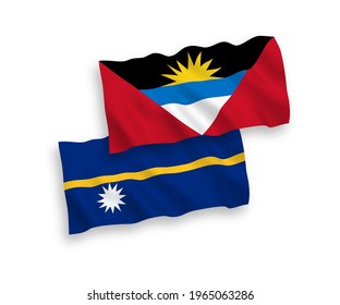 National vector fabric wave flags of Republic of Nauru and Antigua and Barbuda isolated on white background. 1 to 2 proportion.