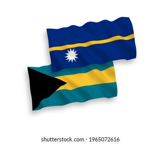 National vector fabric wave flags of Republic of Nauru and Commonwealth of The Bahamas isolated on white background. 1 to 2 proportion.
