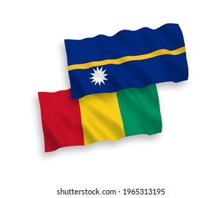 National vector fabric wave flags of Republic of Nauru and Guinea isolated on white background. 1 to 2 proportion.