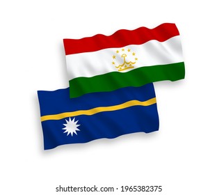 National vector fabric wave flags of Republic of Nauru and Tajikistan isolated on white background. 1 to 2 proportion.