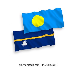 Banderas de olas de tela vectorial nacional de la República de Nauru y Palau aisladas en fondo blanco. de 1 a 2.