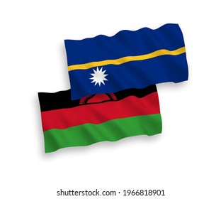 National vector fabric wave flags of Republic of Nauru and Malawi isolated on white background. 1 to 2 proportion.