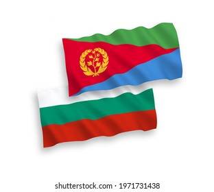 National vector fabric wave flags of Bulgaria and Eritrea isolated on white background. 1 to 2 proportion.