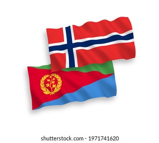 National vector fabric wave flags of Norway and Eritrea isolated on white background. 1 to 2 proportion.