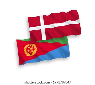 National vector fabric wave flags of Denmark and Eritrea isolated on white background. 1 to 2 proportion.