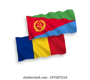 National vector fabric wave flags of Romania and Eritrea isolated on white background. 1 to 2 proportion.