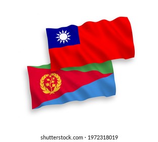 National vector fabric wave flags of Eritrea and Taiwan isolated on white background. 1 to 2 proportion.