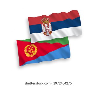 National vector fabric wave flags of Eritrea and Serbia isolated on white background. 1 to 2 proportion.