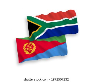 National vector fabric wave flags of Eritrea and Republic of South Africa isolated on white background. 1 to 2 proportion.