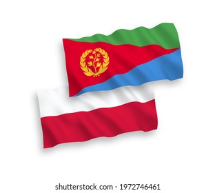 National vector fabric wave flags of Eritrea and Poland isolated on white background. 1 to 2 proportion.