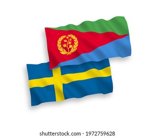 National vector fabric wave flags of Sweden and Eritrea isolated on white background. 1 to 2 proportion.