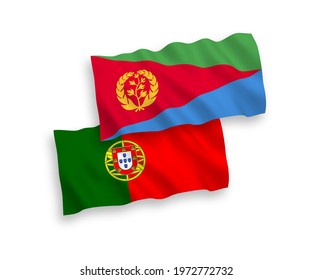 National vector fabric wave flags of Portugal and Eritrea isolated on white background. 1 to 2 proportion.