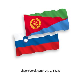 National vector fabric wave flags of Slovenia and Eritrea isolated on white background. 1 to 2 proportion.