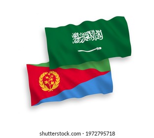 National vector fabric wave flags of Saudi Arabia and Eritrea isolated on white background. 1 to 2 proportion.