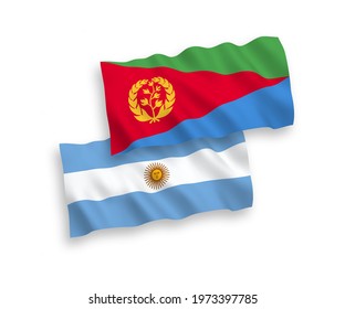 National vector fabric wave flags of Eritrea and Argentina isolated on white background. 1 to 2 proportion.