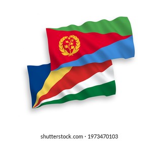 National vector fabric wave flags of Eritrea and Seychelles isolated on white background. 1 to 2 proportion.