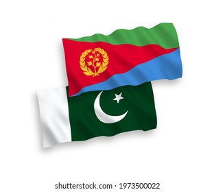 National vector fabric wave flags of Eritrea and Pakistan isolated on white background. 1 to 2 proportion.