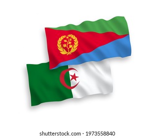 National vector fabric wave flags of Eritrea and Algeria isolated on white background. 1 to 2 proportion.
