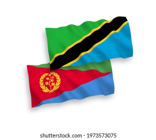 National vector fabric wave flags of Eritrea and Tanzania isolated on white background. 1 to 2 proportion.