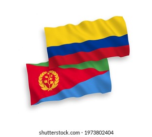 National vector fabric wave flags of Eritrea and Colombia isolated on white background. 1 to 2 proportion.