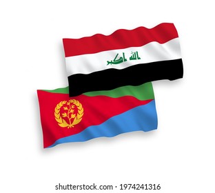 National vector fabric wave flags of Eritrea and Iraq isolated on white background. 1 to 2 proportion.