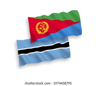 National vector fabric wave flags of Eritrea and Botswana isolated on white background. 1 to 2 proportion.